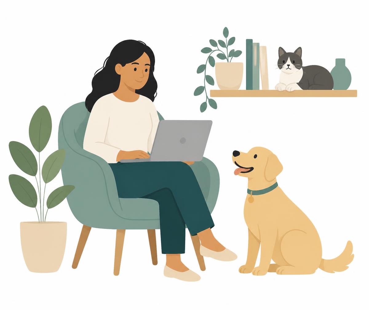 Pet parent reviewing their pet's health records with a dog and cat nearby